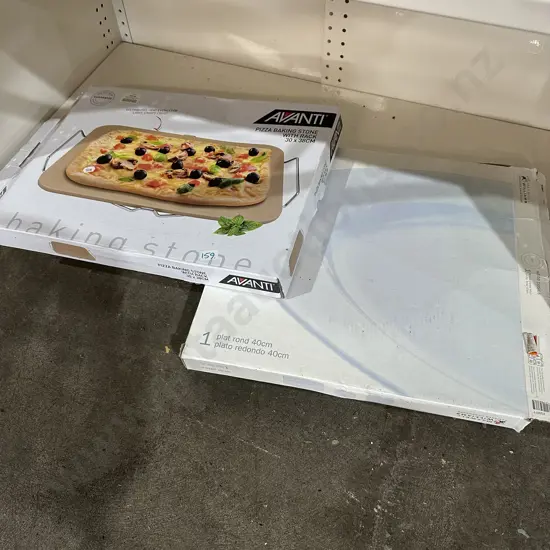 large pizza stone and platter