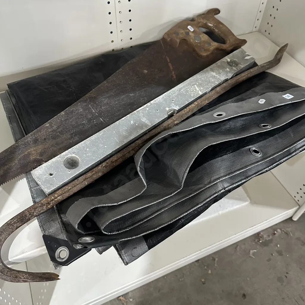 tarp, wrecking bar, saw, level Image 1++
