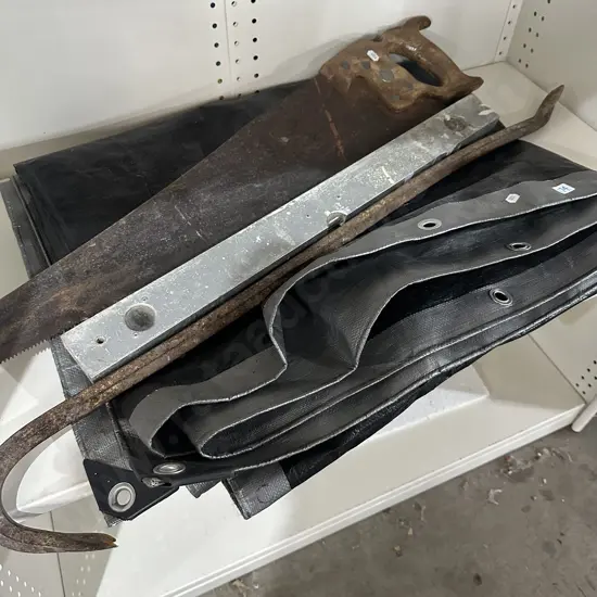 tarp, wrecking bar, saw, level