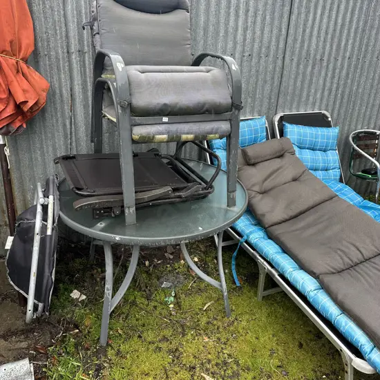outdoor table and 2 chairs, 3 Blue pads, folding lounger and tub chair