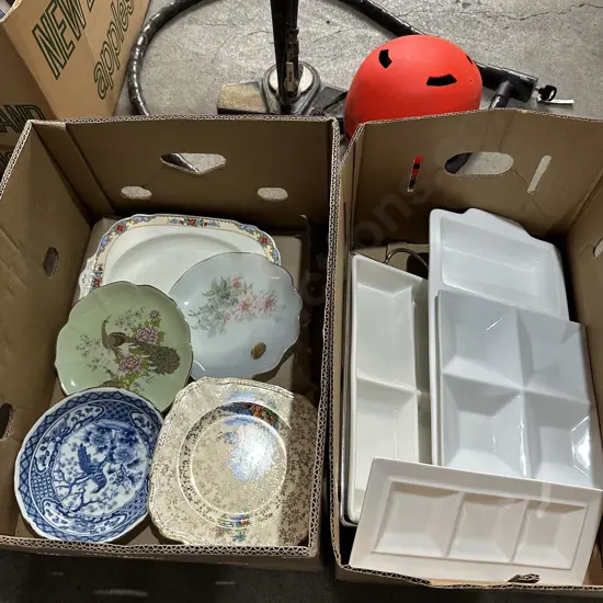 2 box nibble platters, china plates etc