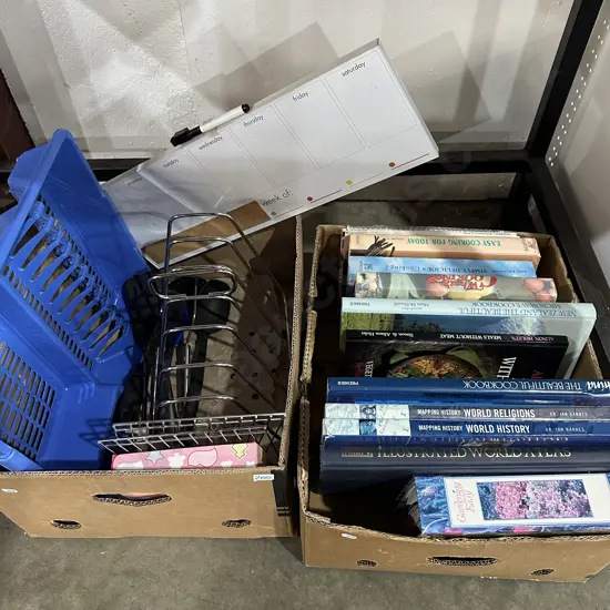 2 box books, weekly planner, stand etc