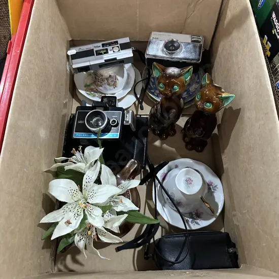 Box lot china, cameras, pair of cats plus fake tiger lily arrangement etc.