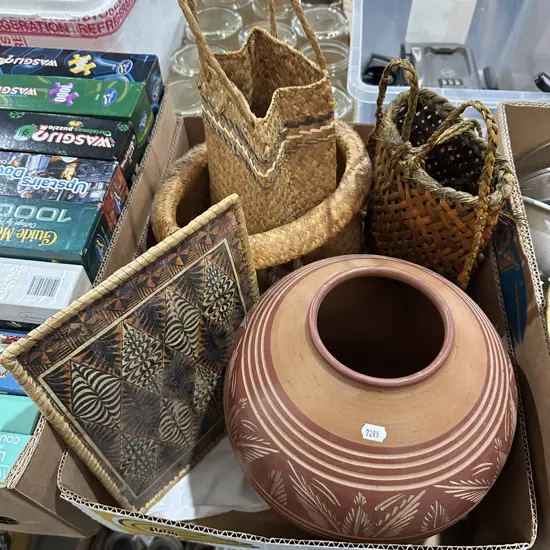 Baskets and pottery vessel plus tapa.