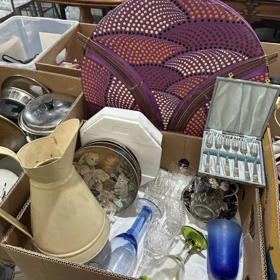 Lamp, vintage metal enamel pitcher, fork set, franklin mint plates, crystal glasses etc.
