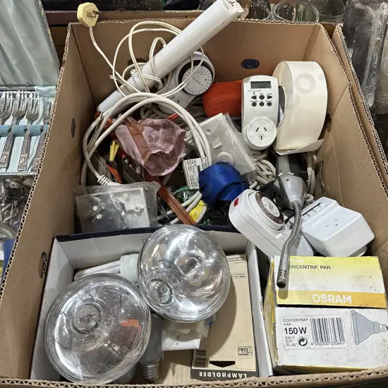 Box lot Gib papertape, tie downs, RCD and timer sockets, sash cord, lamps including heat lamps etc.