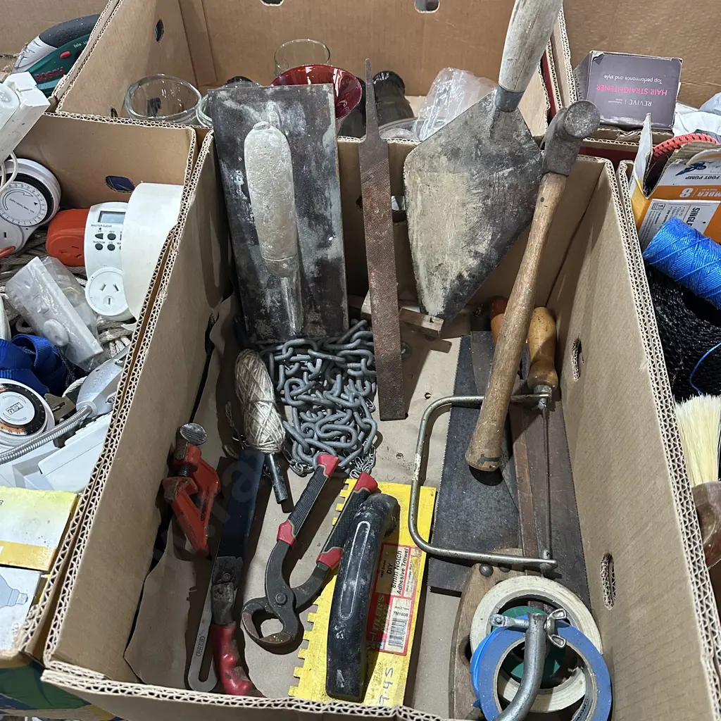 Box lot of tools, chain, masking tape etc. Image 1++