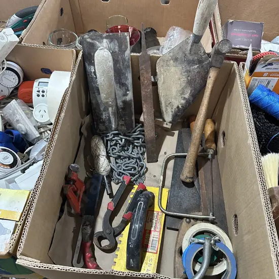 Box lot of tools, chain, masking tape etc.