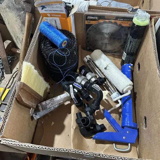 Box lot new saw blade, paint rollers, irrigation fittings etc.