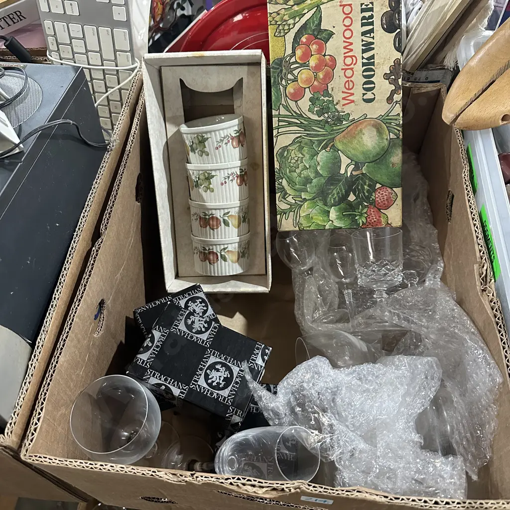 Box lot of glassware, wedgewood rammikins , boxed napkin rings. Image 1++
