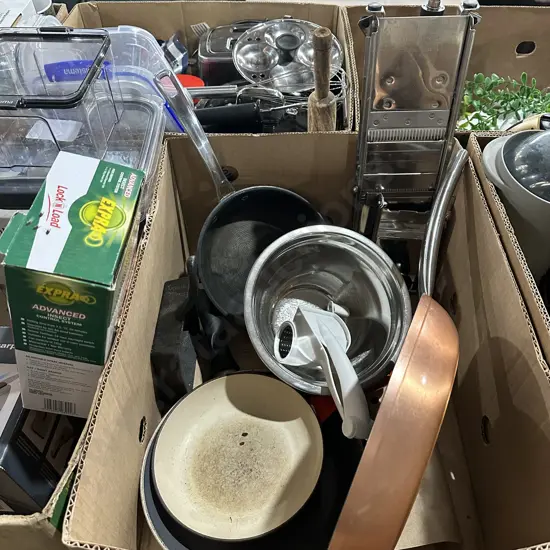 Box lot Cast iron pans, s/s mixing bowls etc.