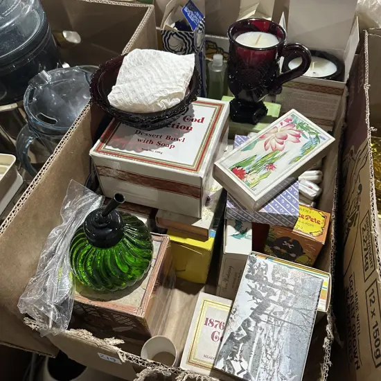 Box lot collection of soaps and bubble bath, after shave and candles.