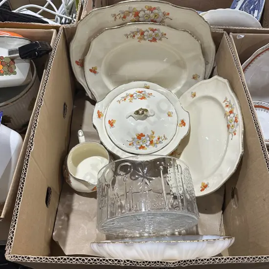 Box lot vintage lidded tureen, serving platters and jug, plus patterned bowl.