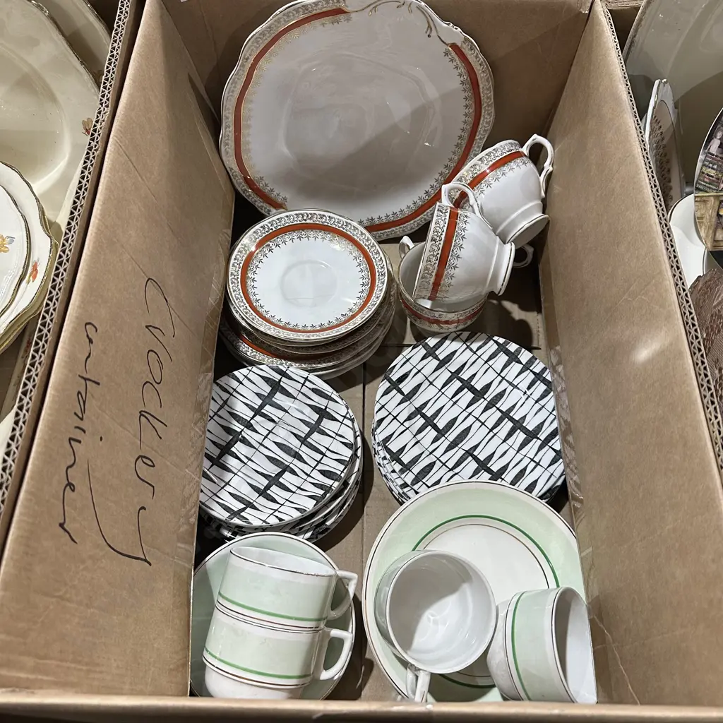 Box lot of english china including Royal Albert - South Pacific plates and saucers. Image 1++