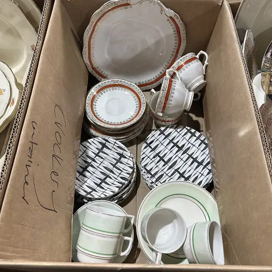 Box lot of english china including Royal Albert - South Pacific plates and saucers.