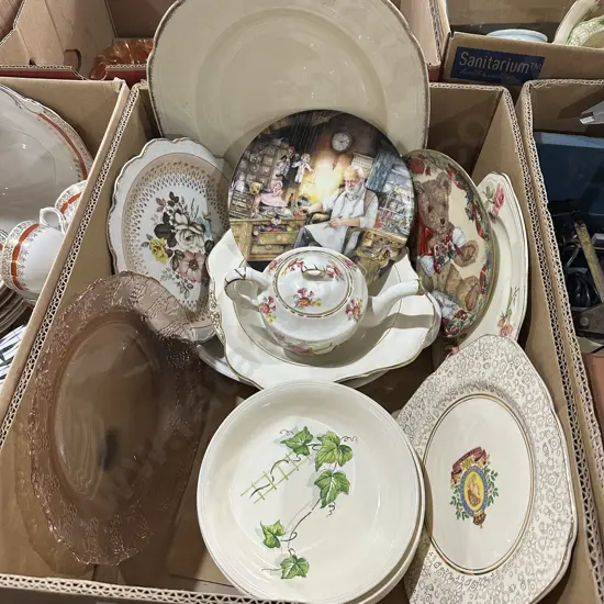 Box lot of english china and display plates.