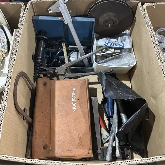 Box lot of old tools and hardware etc.