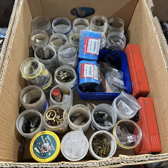 Box lot of screws, nails and bits and pieces, drill bit cases plus Honda oil filters etc.