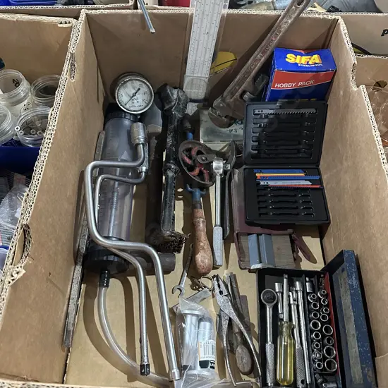 Box lot of old tools, socket set and jig saw blades etc.