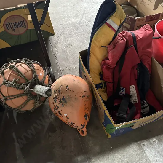 Box lot three life jackets plus two buoys.