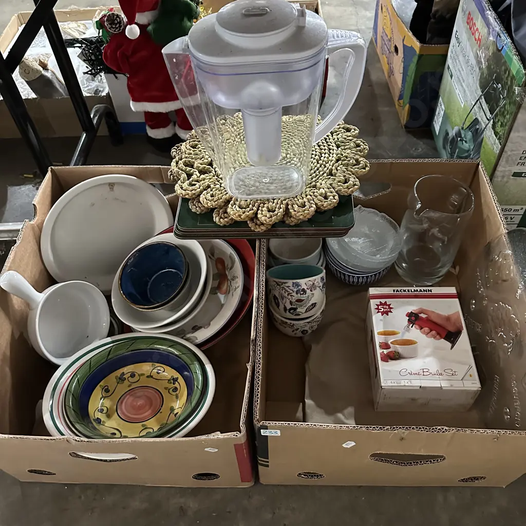 Two boxes dinnerware, creme brulee set plus water filter jug etc. Image 1++