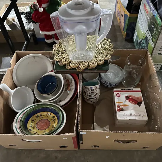 Two boxes dinnerware, creme brulee set plus water filter jug etc.