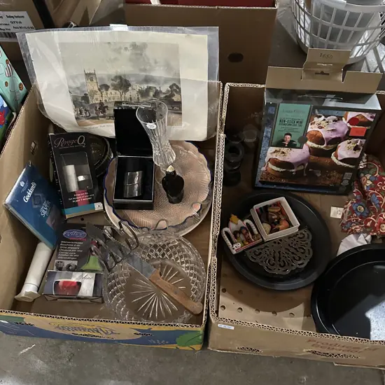 Two boxes boxed unused non-stick mini cake tins, crystal vase and print etc.