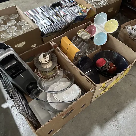 Two boxes soda stream, pastel serving dish, vintage coffee grinder etc.