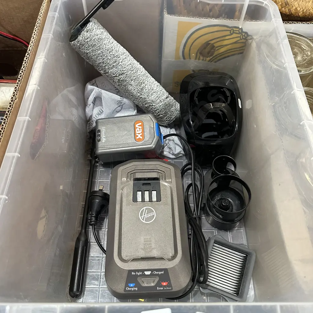 Bin with Hoover charger and VAX Li-ion battery etc. Image 1++