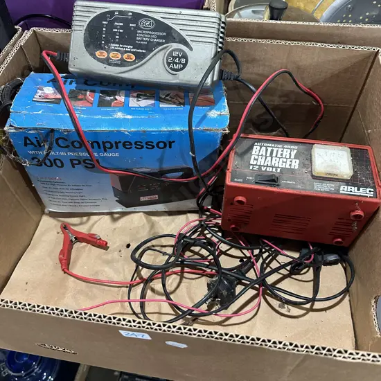 Box lot 3 in 1 air compressor plus two battery chargers.