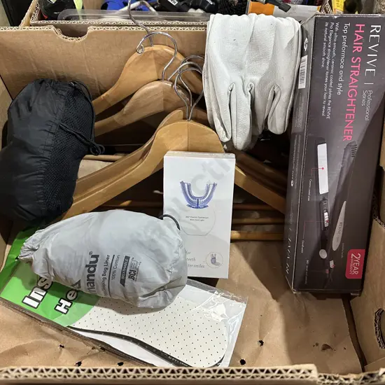 Box lot, boxed hair straighteners, electronic toothbrush, wooden coat hangers etc.