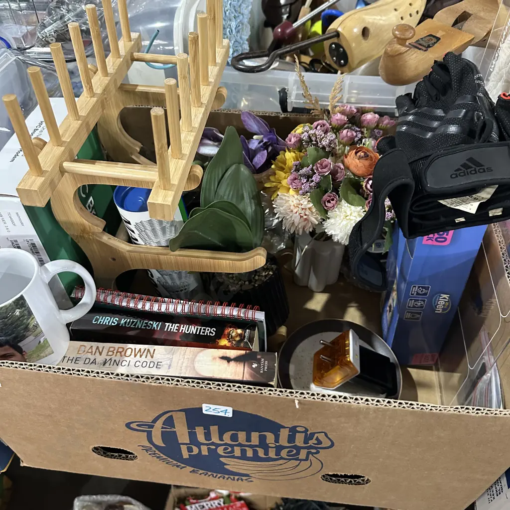 Box lot artificial flower arrangement fingerless and disposable gloves, books and glasses etc., Image 1++
