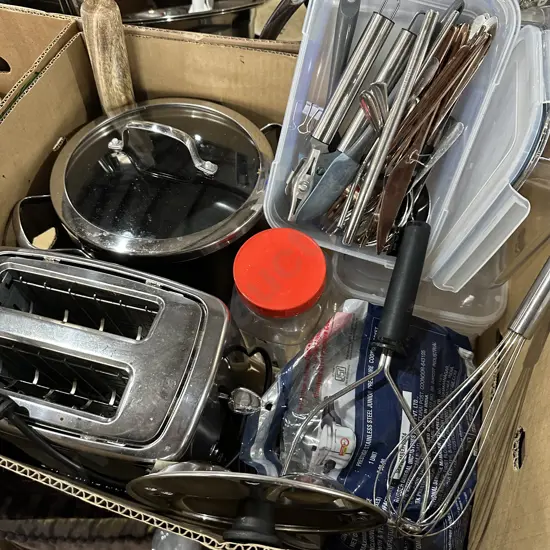 Box lot toaster, lidded pot, utensils, sistema and glass base storage, cutlery etc.