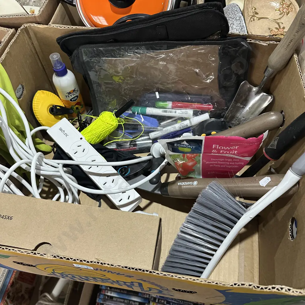 Box lot hand and gardening tools, fertiliser and stationary items etc. Image 1++