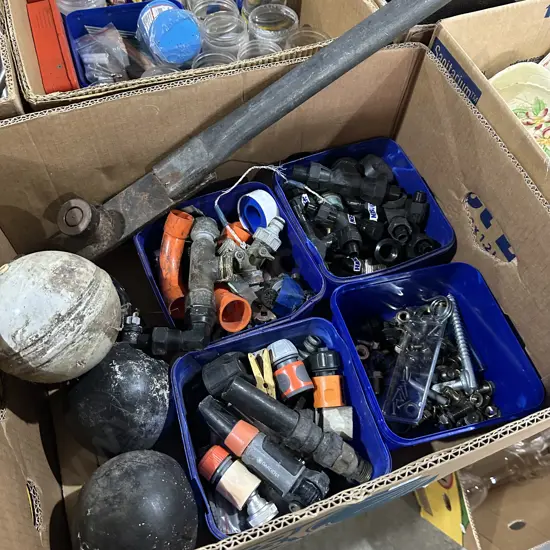 Box lot of irrigation fittings, hose fittings and tank floats etc.