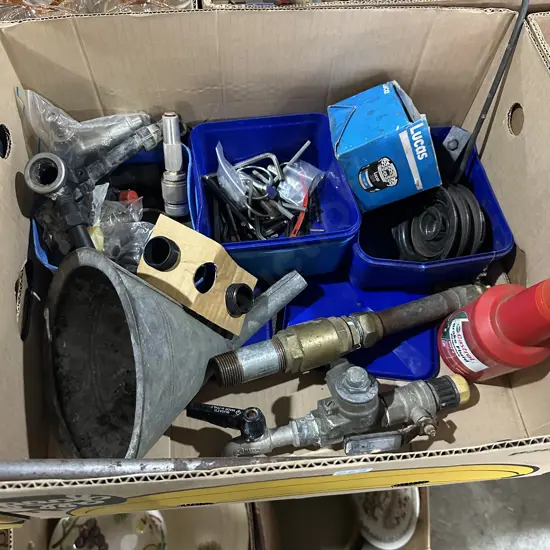 Box lot irrigation and hose fittings, brake fluid and oil filter, funnel and allan keys etc.