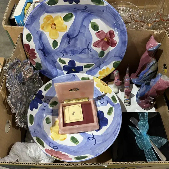 Box lot large platter and fruit bowl made in Portugal, ceramic cat figures, marble box etc.