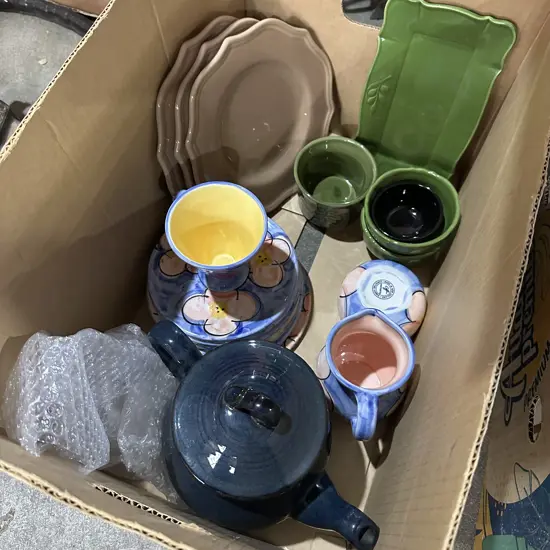 Box lot of assorted New Zealand tableware including hand painted cups and saucers etc.