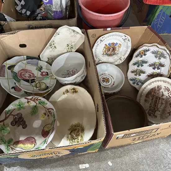 Two boxes english vintage tableware including Queen Elizabeth coronation plate etc.