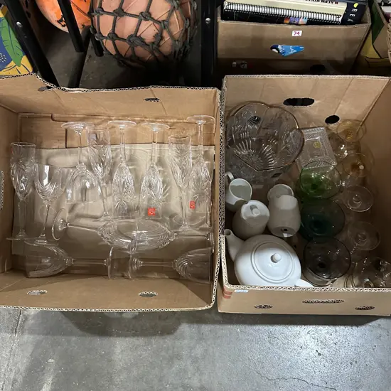 Two boxes crystal glasses, heavy Mikasa crystal bowl, tea set and glassware.