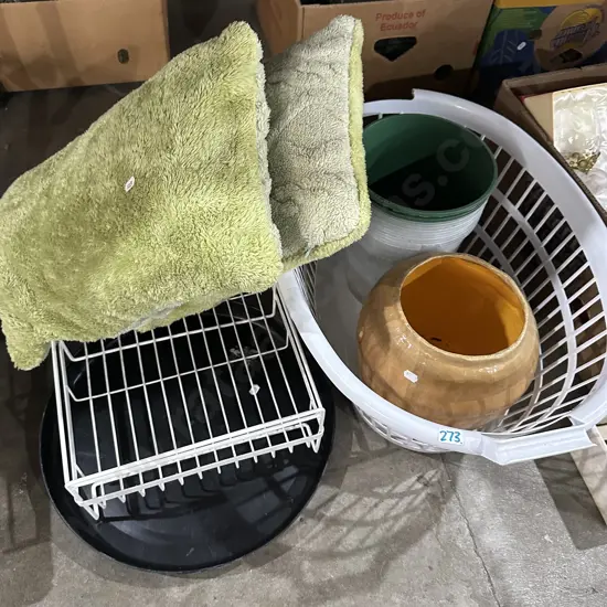 Laundry basket, cushions and planters etc.