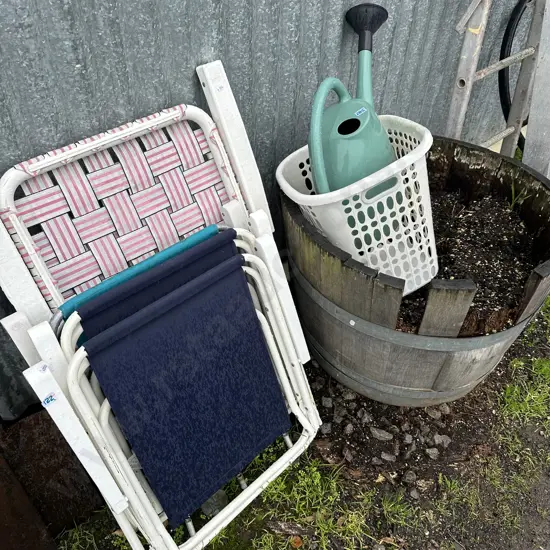 deck chairs, basket, watercan, potting mix etc