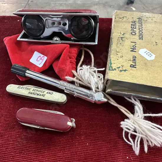 boxed opera glasses, pocket knives etc