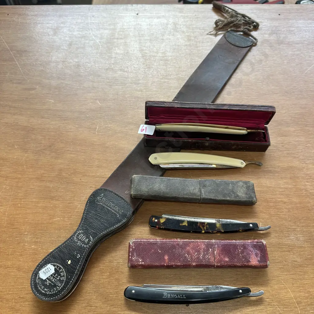 Pr of cased bone handled cut throats, plus others and sharpening strop Image 1++