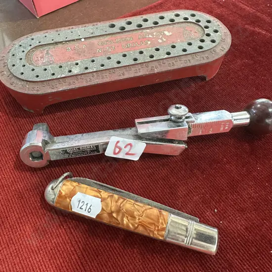 pocket knife, BSA drill bit stand & tool