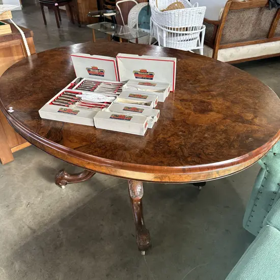 bookmatched burr walnut breakfast tilt table - excellent condition