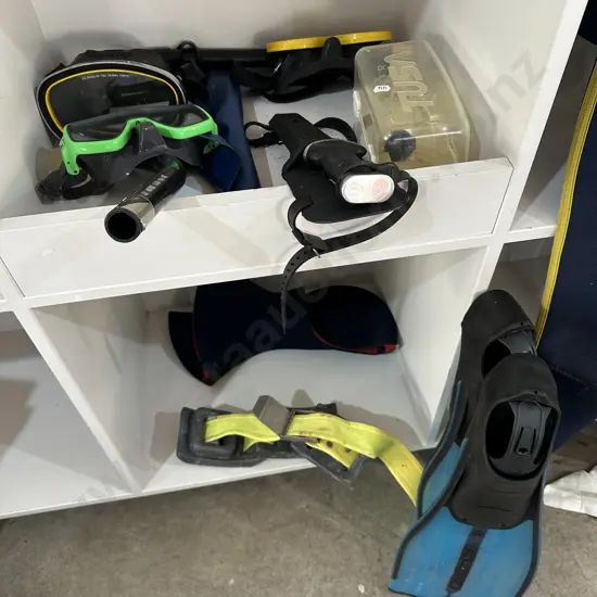 dive suit plus fins, belt, snorkles, knife etc