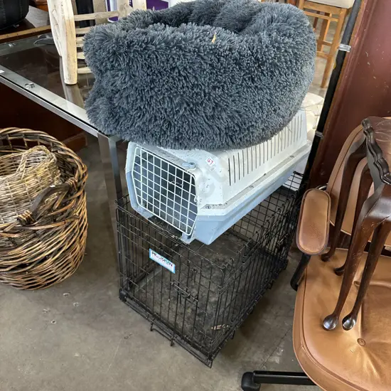 2 cages and pet bed
