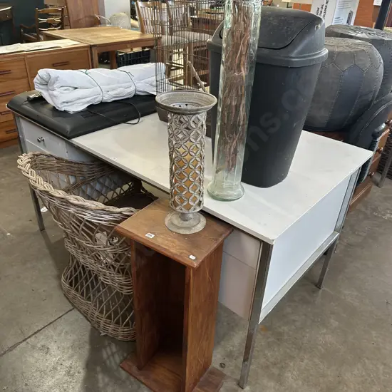 desk, candle, vase, bin, chair , DVD stand, plug