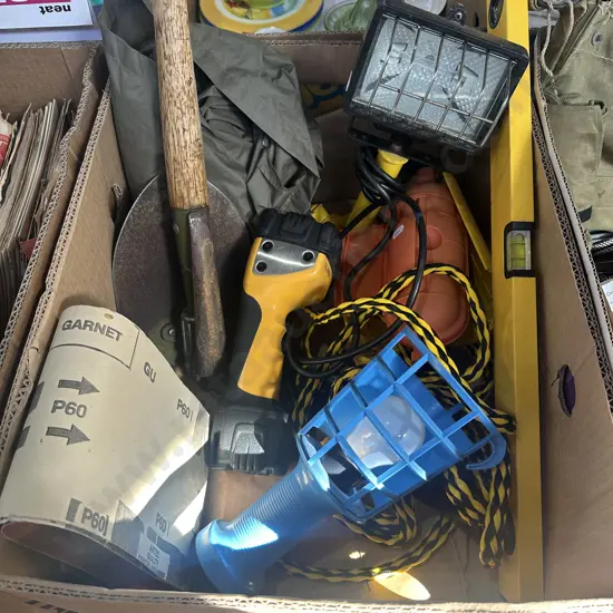 camping spade, tools, lamps etc